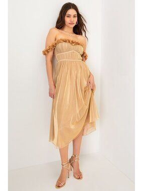 Lulus Amazing Essence Gold‎ Metallic Mesh 3D Floral Midi Dress Size S Princess